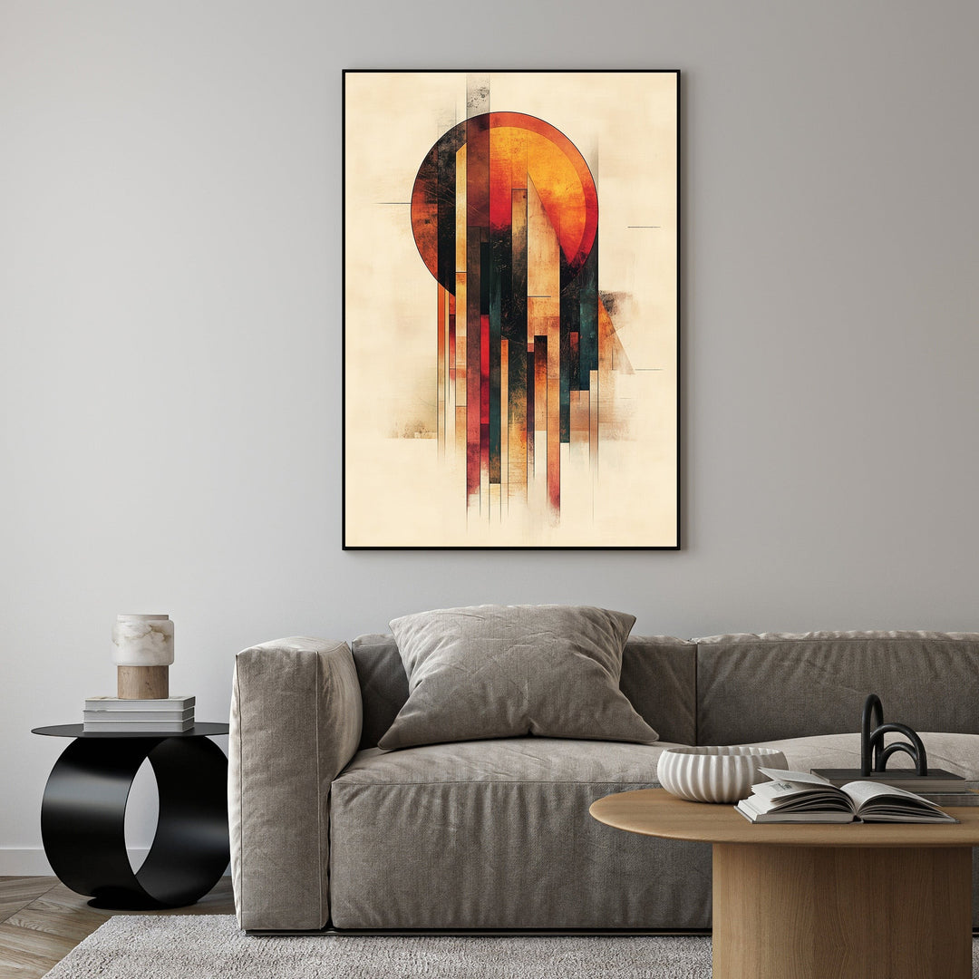 Wadi Home abstract geometric sunburst wall art with warm oranges, reds, and blues. Modern art print.