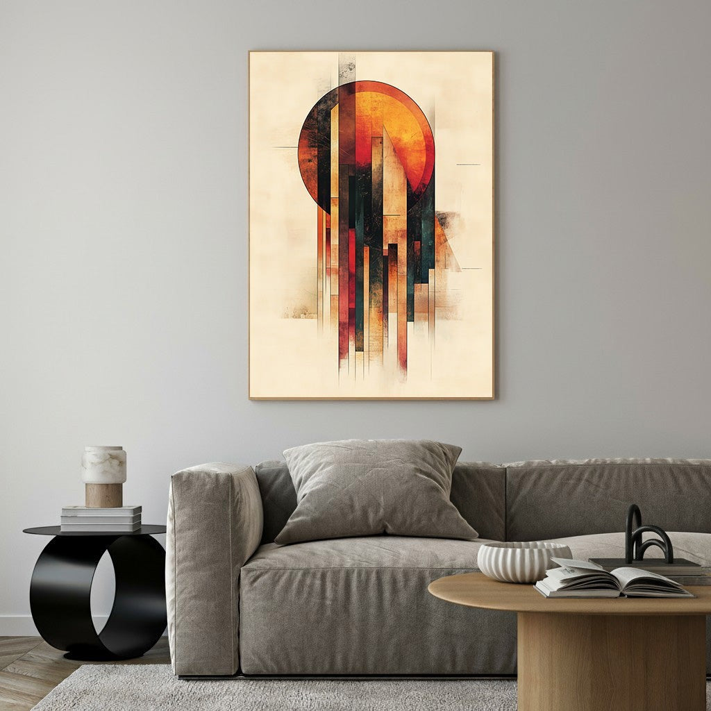 Wadi Home abstract geometric sunburst wall art with warm oranges, reds, and blues. Modern art print.