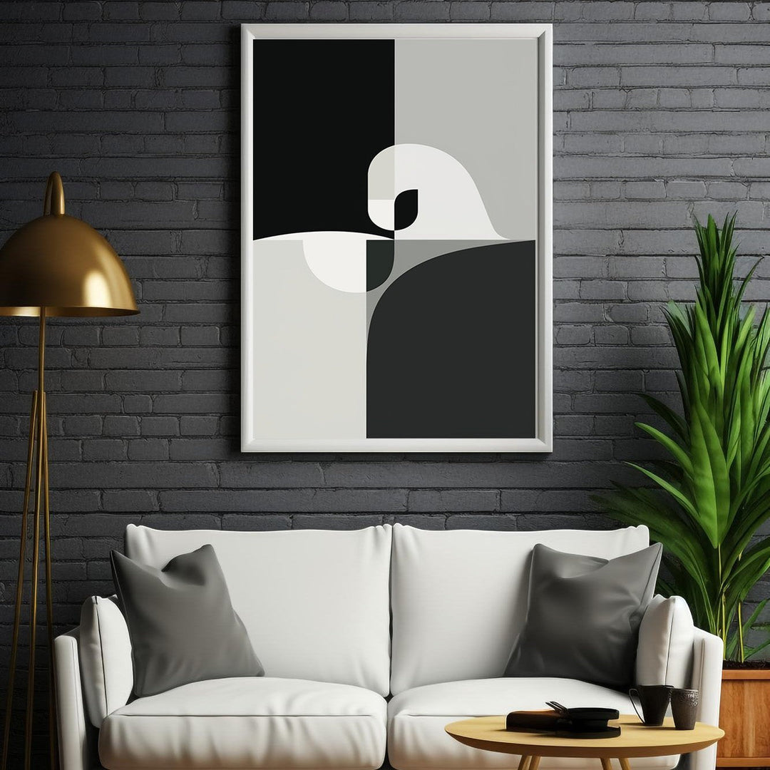 Wadi Home abstract geometric swan wall art in black, white, and grey. Modern minimalist design.