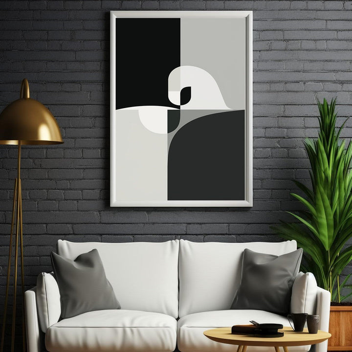 Wadi Home abstract geometric swan wall art in black, white, and grey. Modern minimalist design.