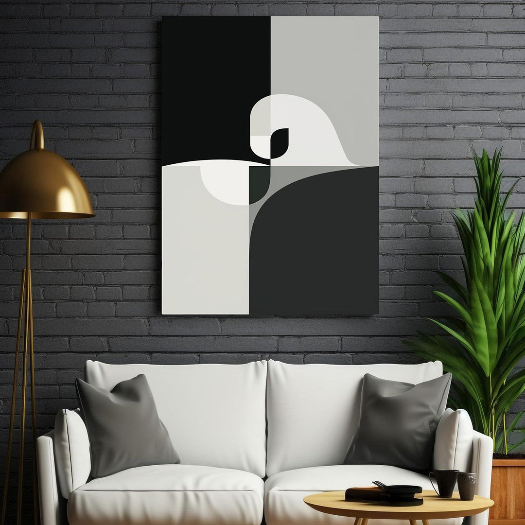 Wadi Home abstract geometric swan wall art in black, white, and grey. Modern minimalist canvas print.