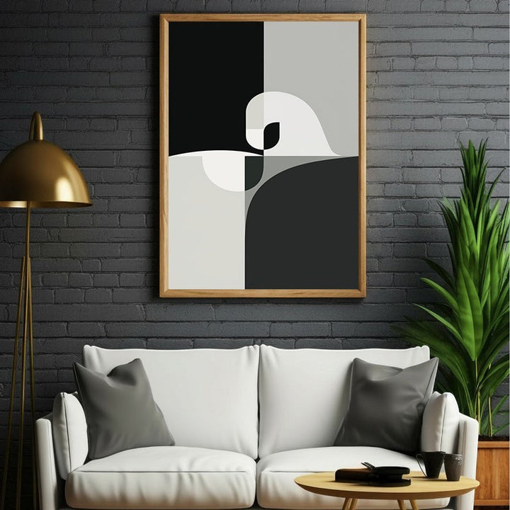 Wadi Home abstract geometric swan wall art in black, white, and grey. Modern minimalist design.
