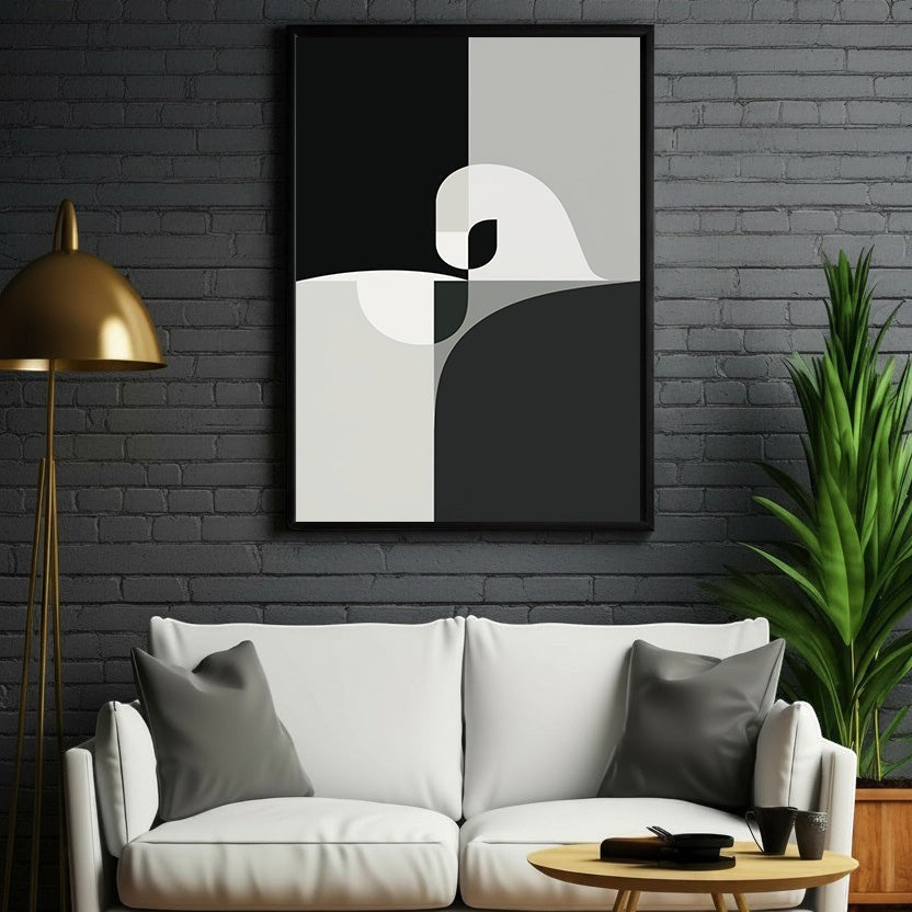 Wadi Home abstract geometric swan wall art in black, white, and grey. Modern minimalist design.