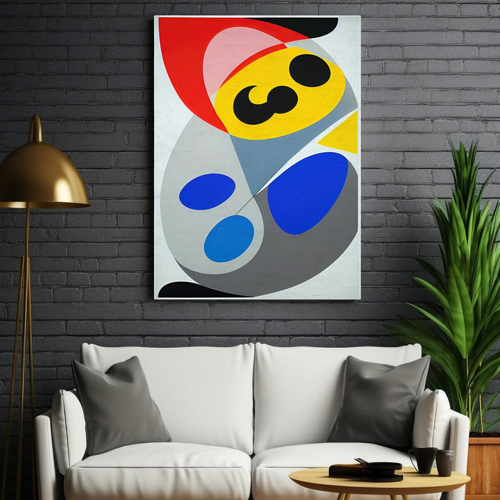 Wadi Home abstract geometric wall art with red, yellow, blue, gray, and black shapes. Modern art for living room.