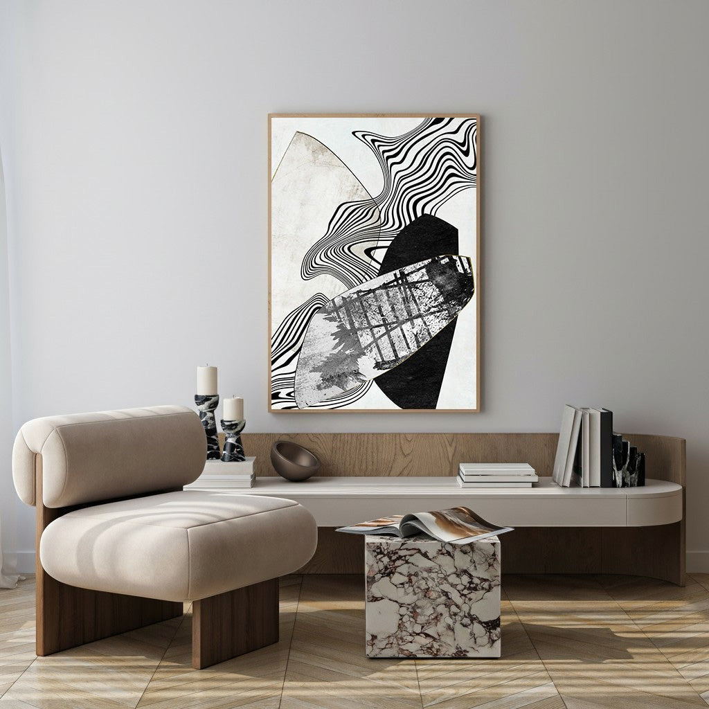 Wadi Home abstract geometric wall art with black, white, and neutral tones, featuring bold lines and organic shapes.
