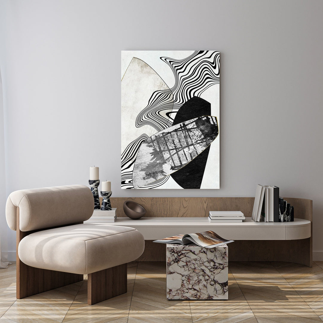 Wadi Home abstract geometric wall art with black, white, and neutral tones, featuring wavy lines and organic shapes.