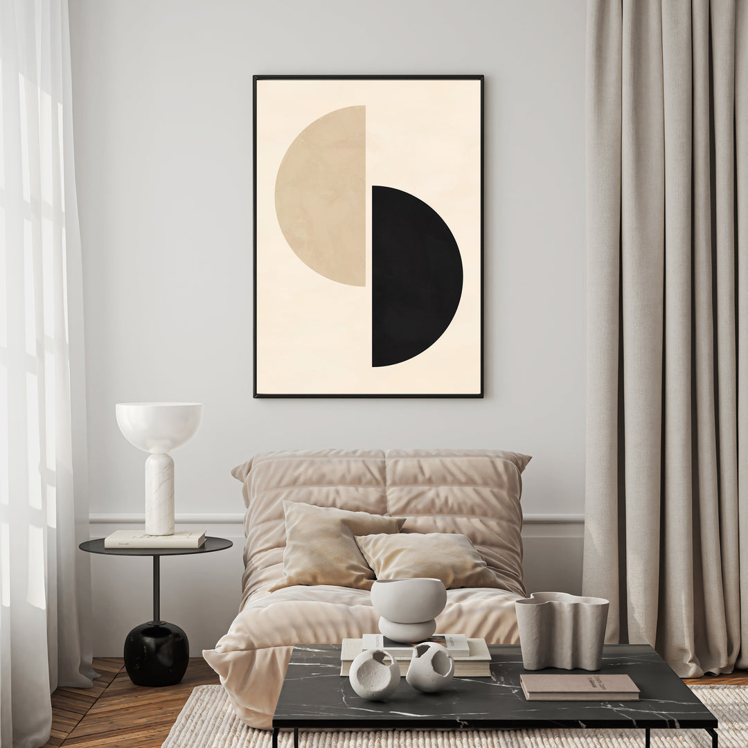 Wadi Home abstract geometric wall art with interlocking beige and black semi-circles. Modern minimalist design.