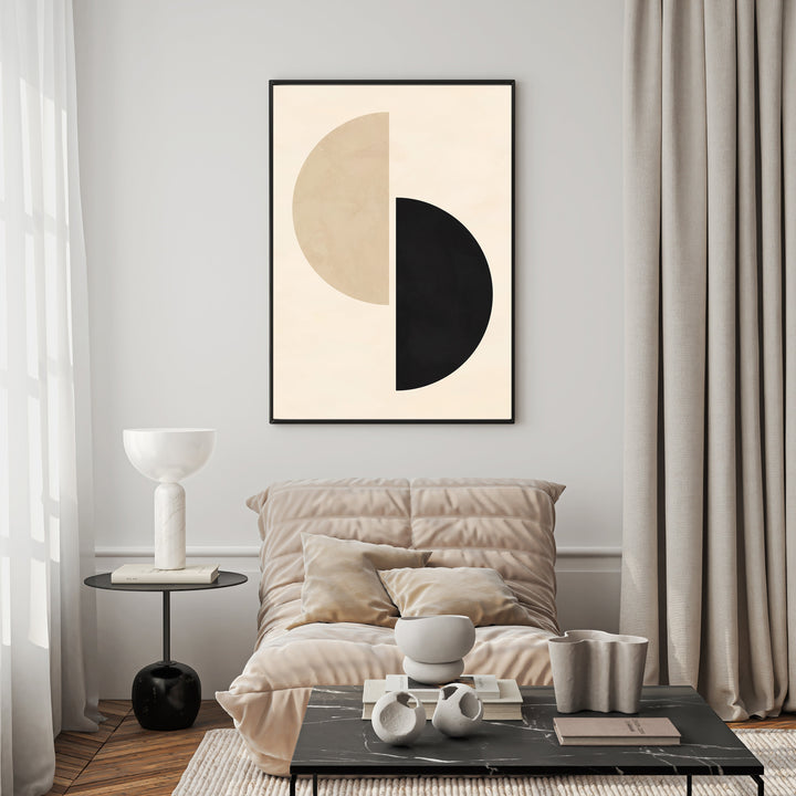 Wadi Home abstract geometric wall art with interlocking beige and black semi-circles. Modern minimalist design.