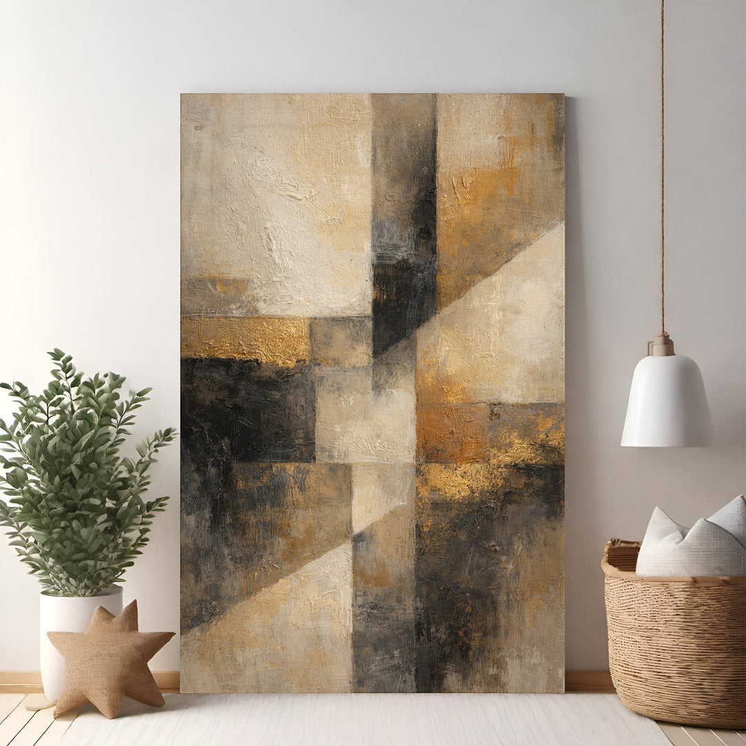 Wadi Home abstract geometric textured wall art in beige, gold, and charcoal. Modern art with bold patterns.