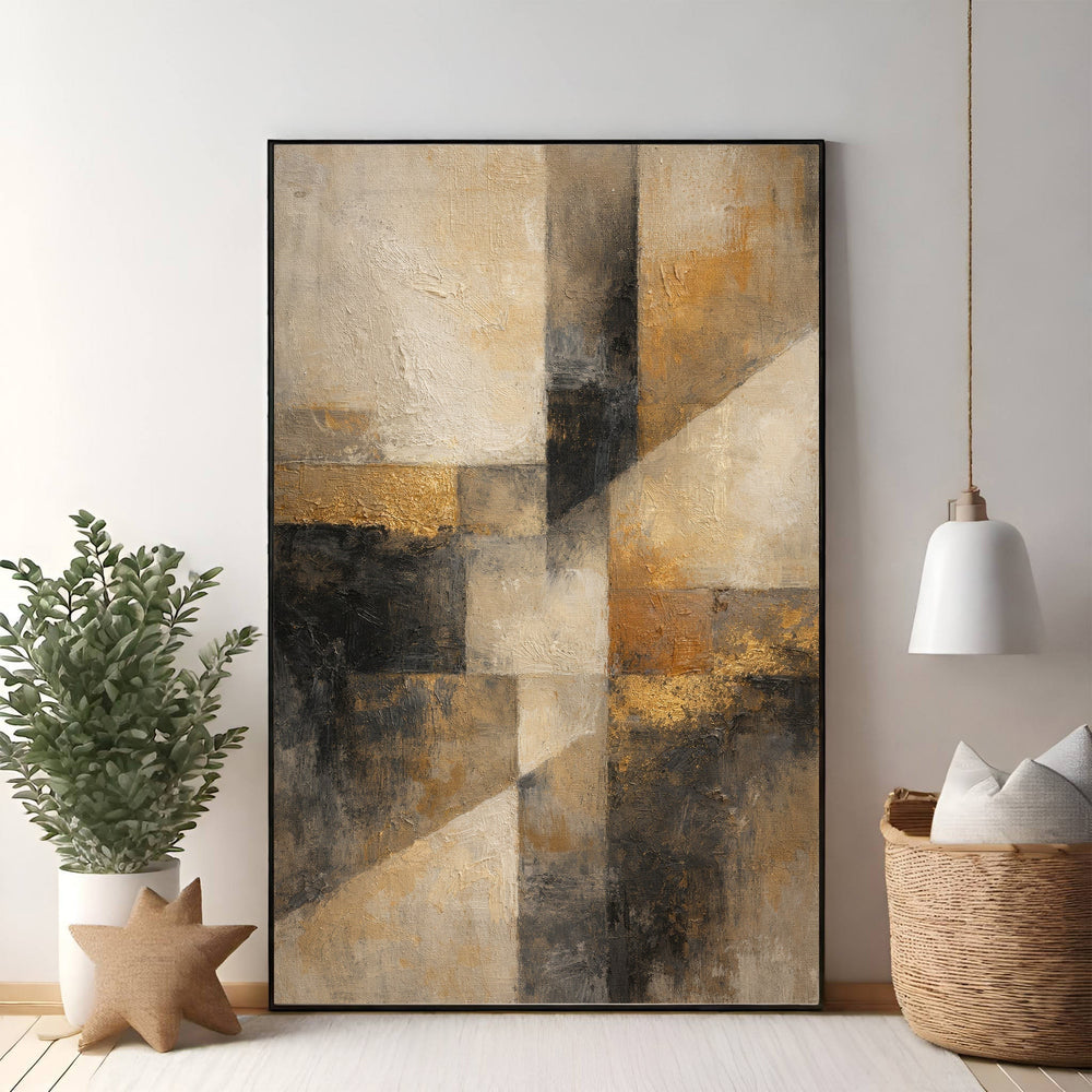 Wadi Home abstract geometric textured wall art in beige, gold, and charcoal. Modern art with bold patterns.
