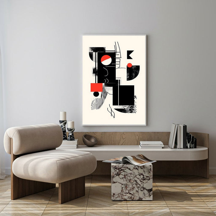 Wadi Home abstract geometric wall art with black, red, and cream shapes. Modern minimalist design.