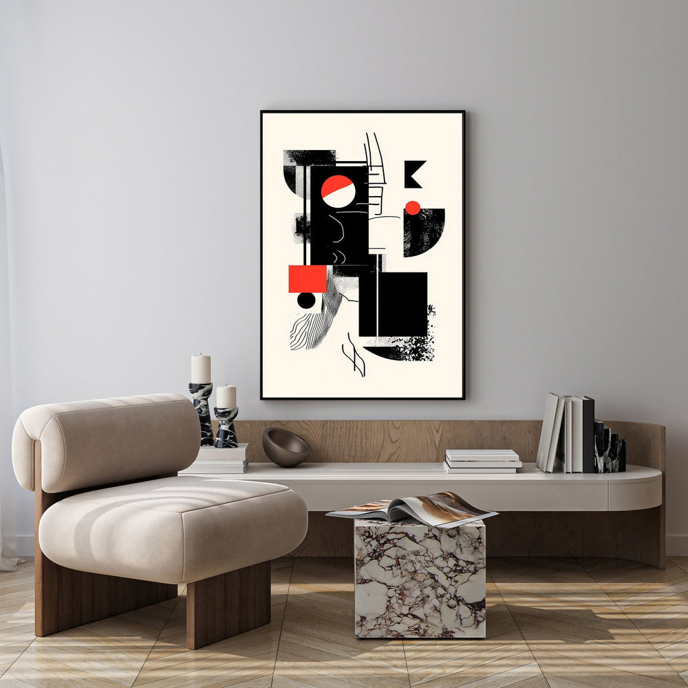 Wadi Home abstract geometric wall art with black, red, and cream shapes. Modern, minimalist design.