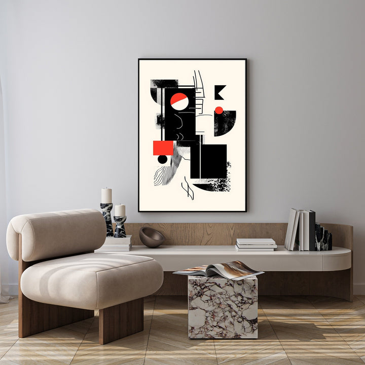 Wadi Home abstract geometric wall art with black, red, and cream shapes. Modern, minimalist design.