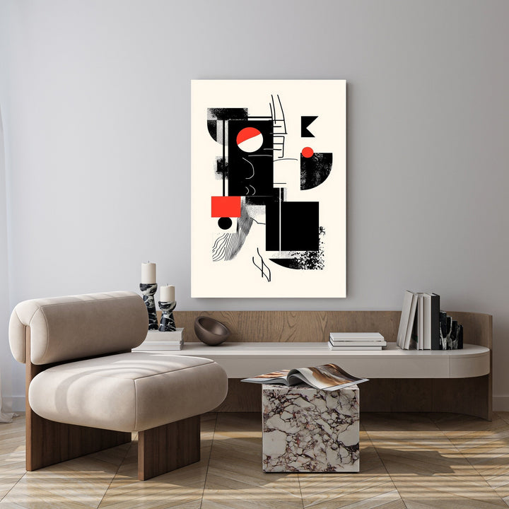 Wadi Home abstract geometric wall art with black, red, and cream shapes. Modern minimalist design.