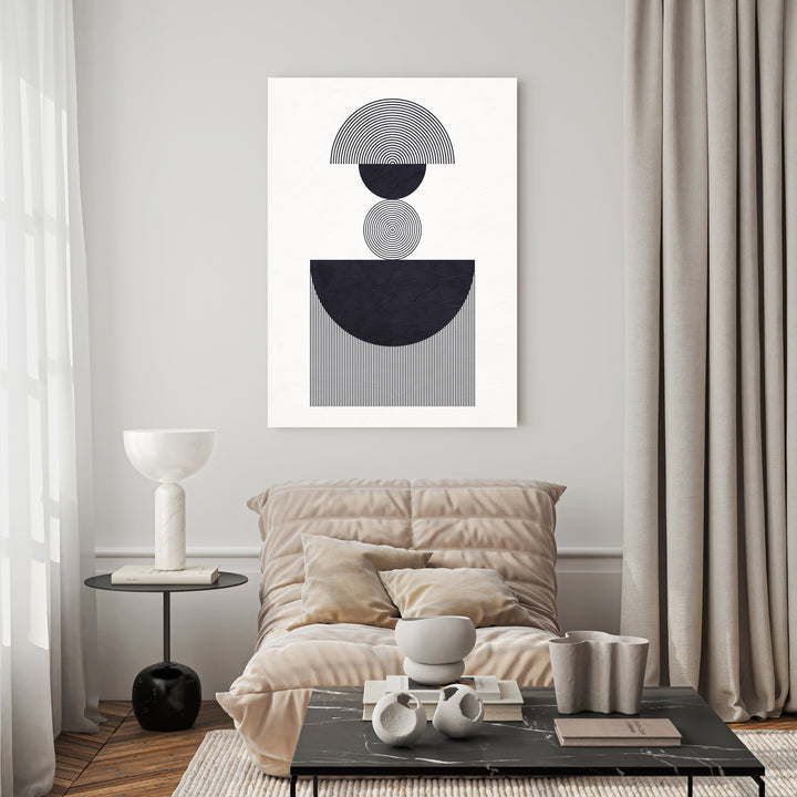 Wadi Home abstract geometric wall art with black and white shapes, circles, and lines. Modern minimalist design.