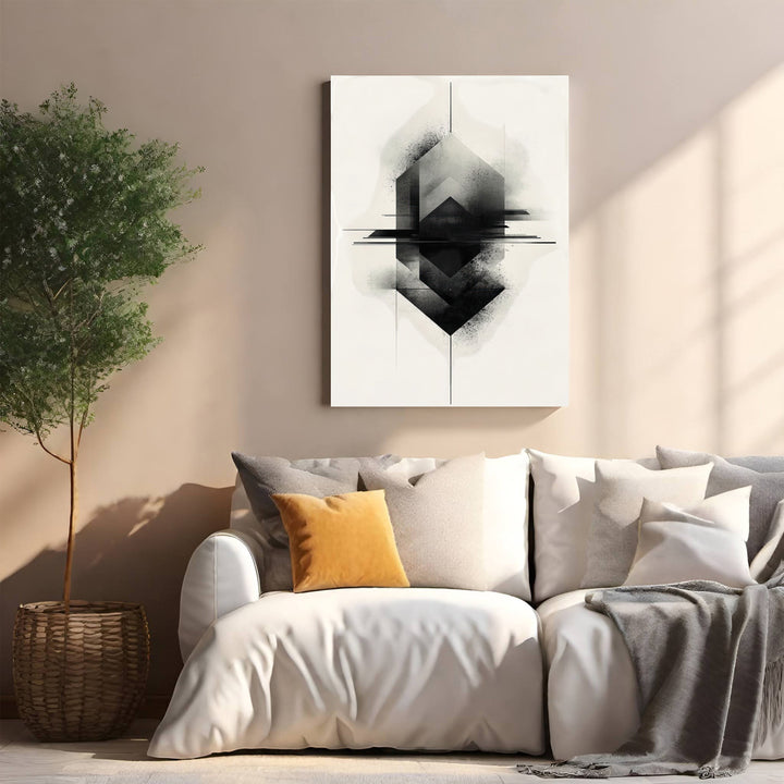 Wadi Home abstract geometric wall art in black and white with minimalist aesthetic. Modern art print.