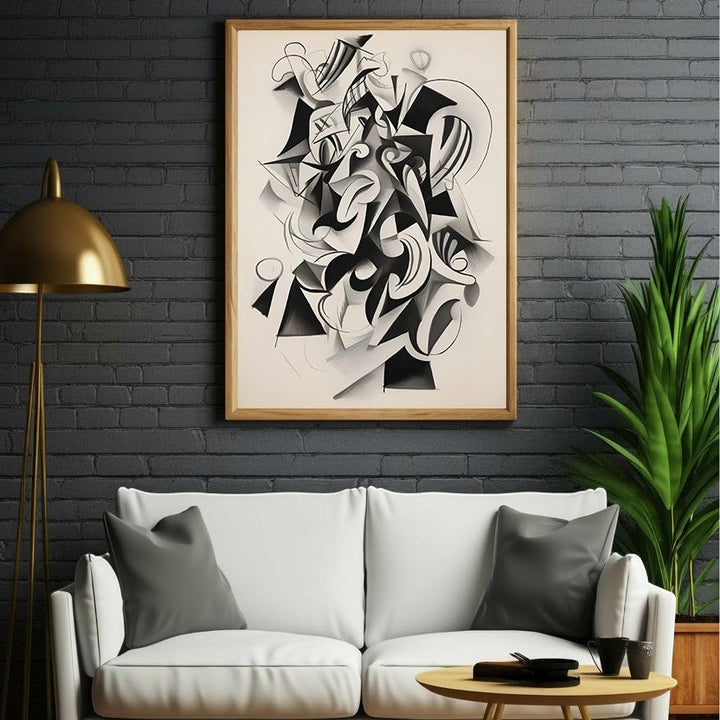 Wadi Home abstract geometric wall art in black and white, framed in light wood, modern minimalist style.