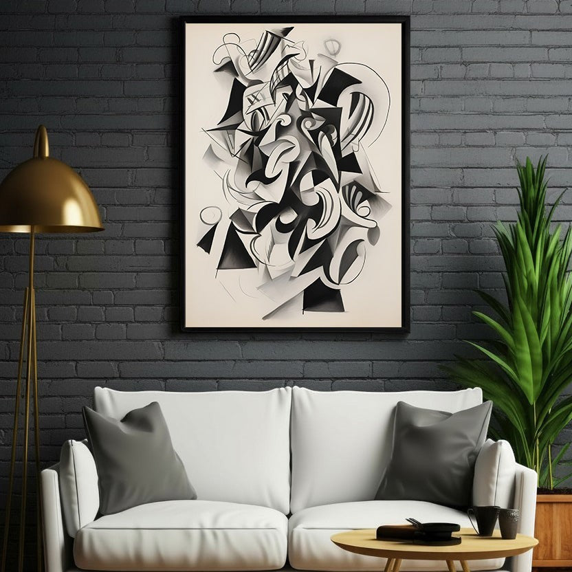 Wadi Home abstract geometric wall art in black and white with dynamic shapes and bold lines.