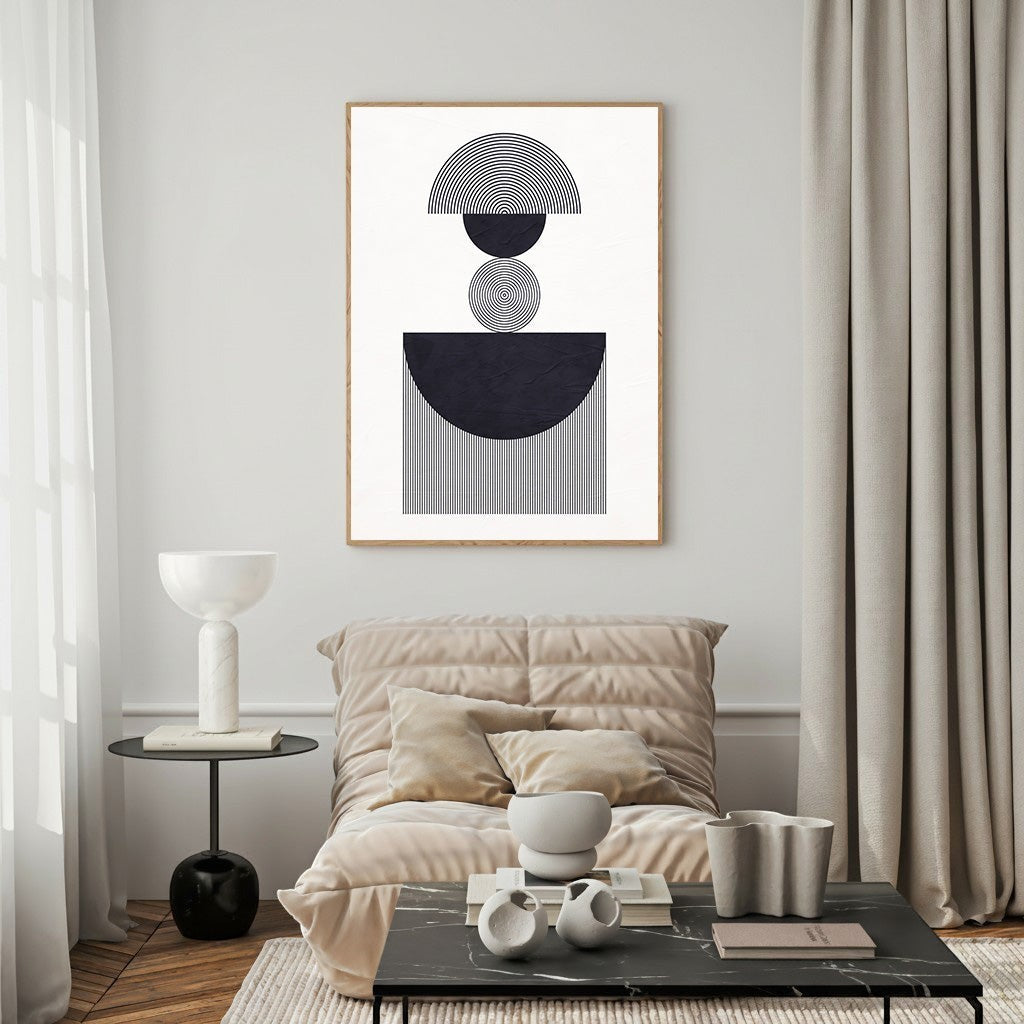 Wadi Home abstract geometric wall art in black and white, featuring stacked semi-circles and lines, framed in wood.