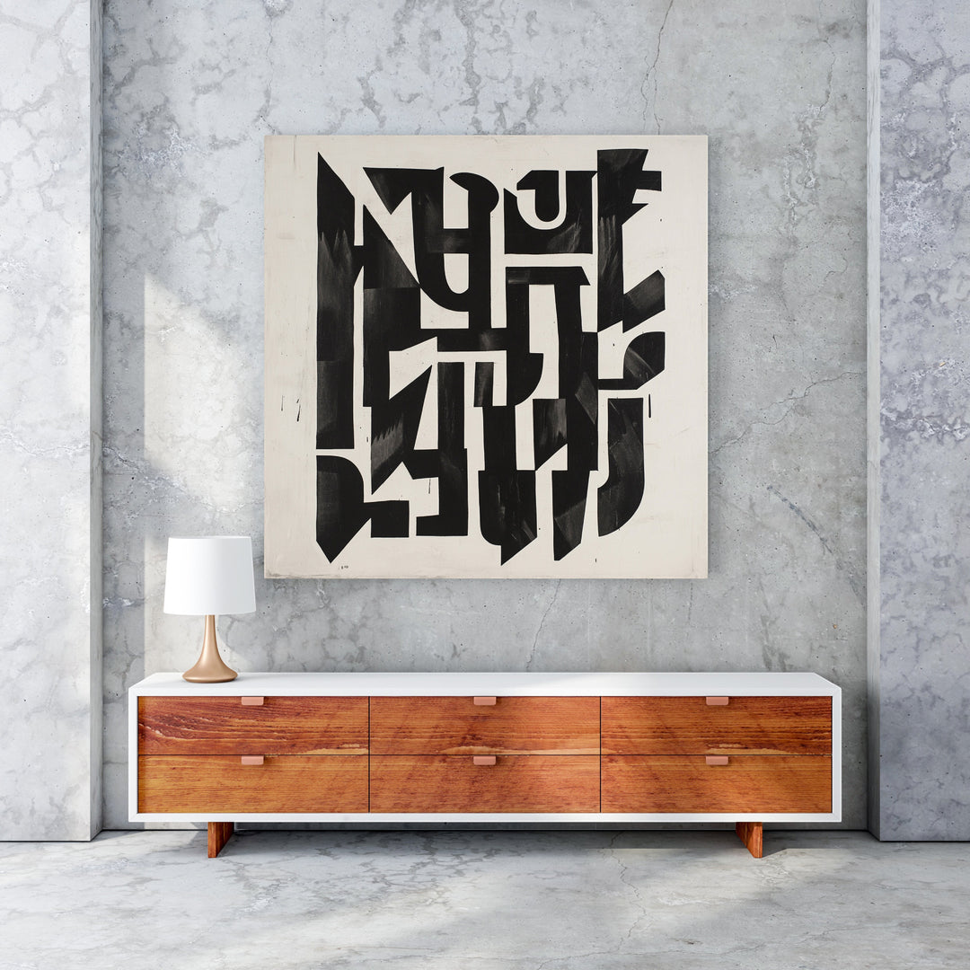 Wadi Home abstract geometric wall art in black and white with dynamic shapes and sharp lines.