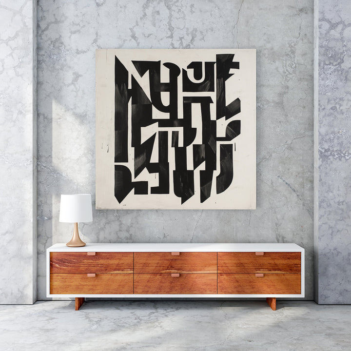 Wadi Home abstract geometric wall art in black and white with dynamic shapes and sharp lines.