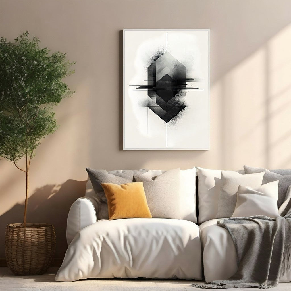 Wadi Home abstract geometric wall art in black and white with minimalist aesthetic, framed and hung above a white sofa.