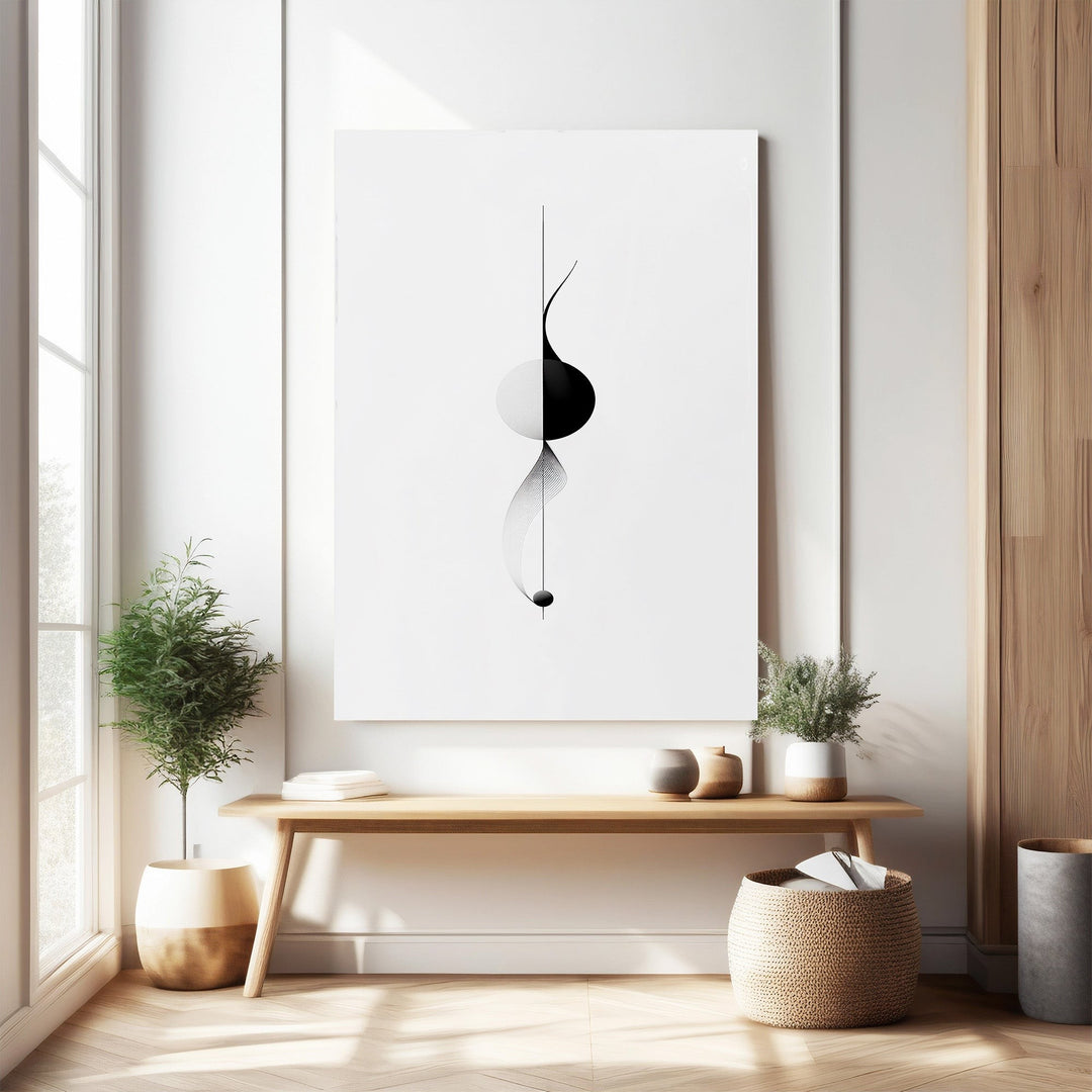Wadi Home abstract geometric wall art in black and white, featuring minimalist lines and shapes. Modern art for living room or office.