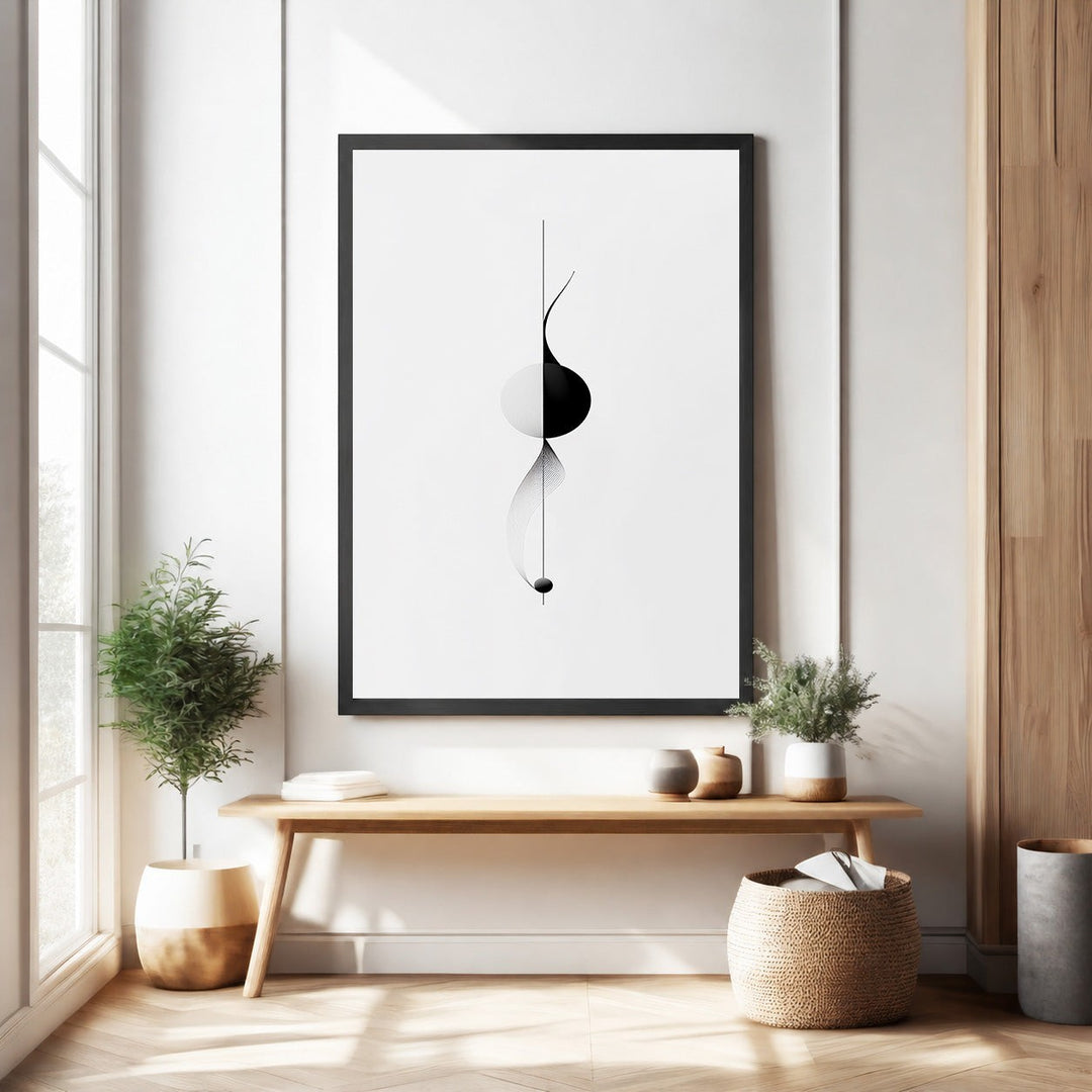 Wadi Home abstract geometric wall art in black and white with minimalist design, featuring clean lines and a balanced composition.