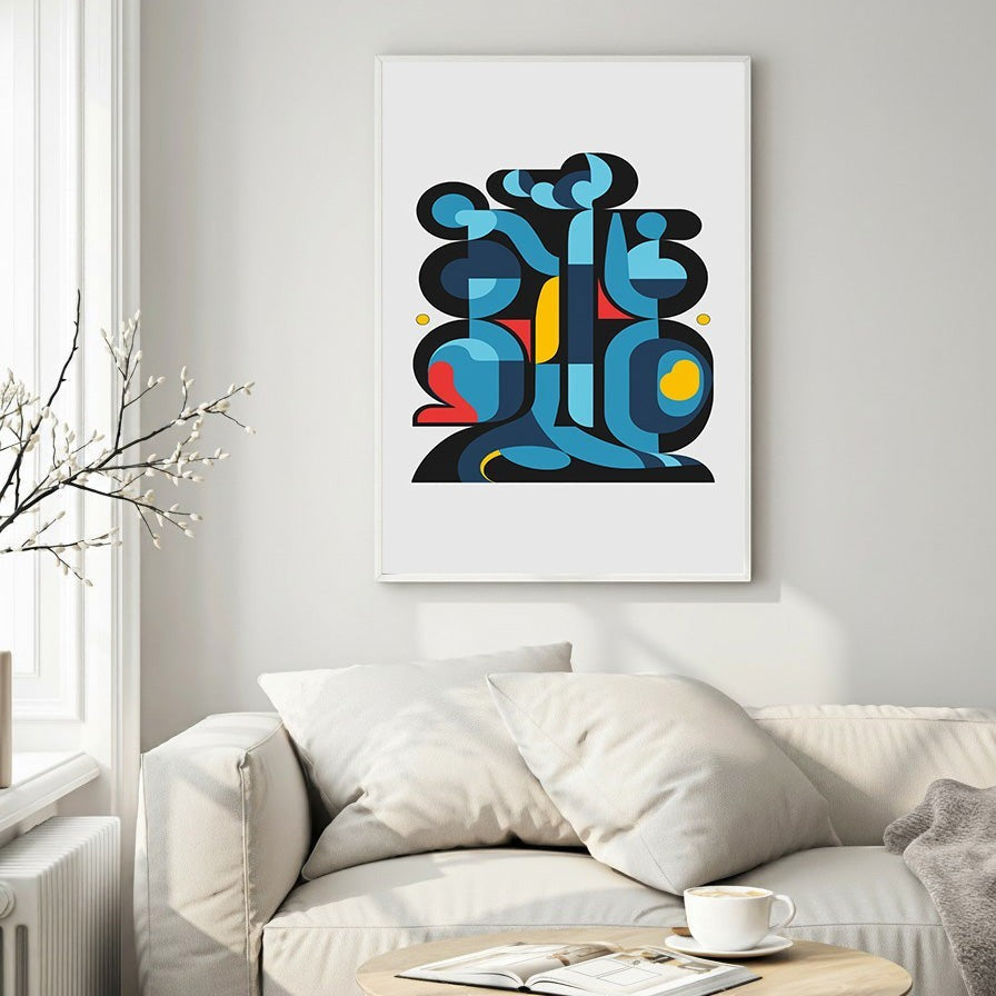 Wadi Home abstract geometric wall art with blue, red, yellow shapes. Modern mid-century style.