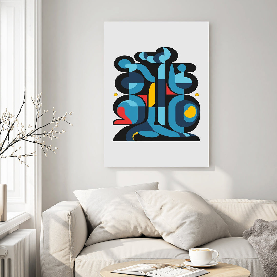 Wadi Home abstract geometric wall art with blue, red, and yellow shapes. Modern mid-century style.