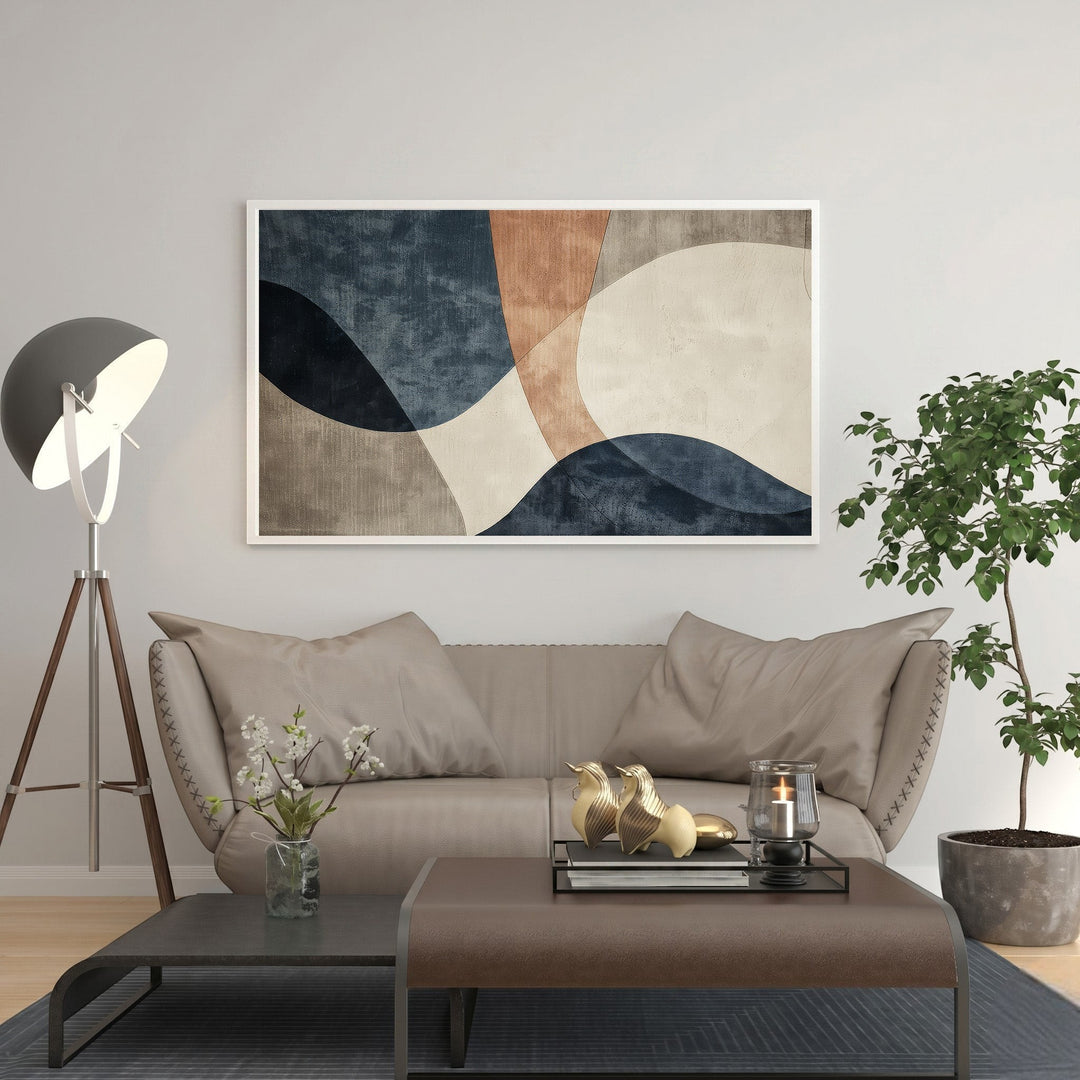 Wadi Home abstract geometric wall art with blue, terracotta, and neutral tones. Textured organic shapes create dynamic visual interest.