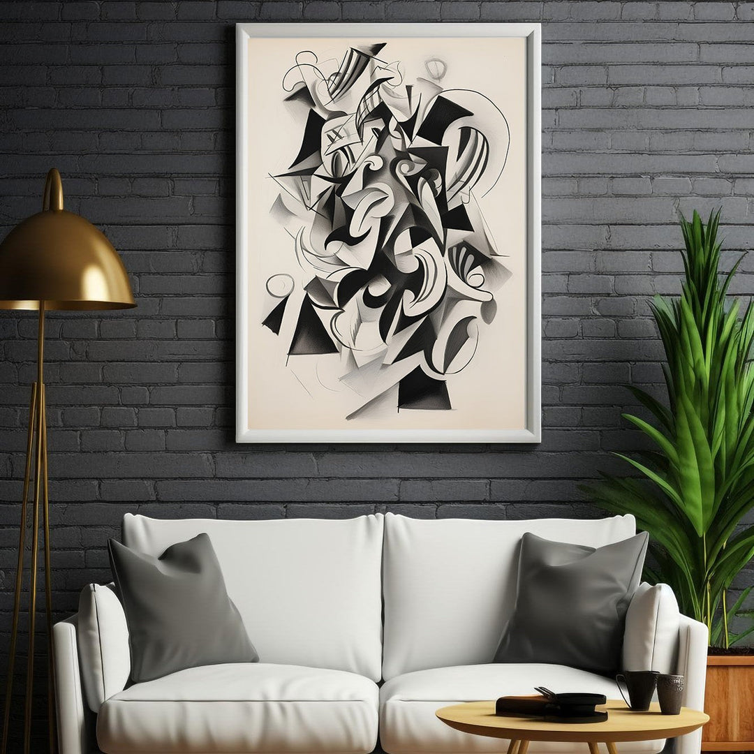 Wadi Home abstract geometric composition wall art in black and white, framed in white, displayed above a white sofa.