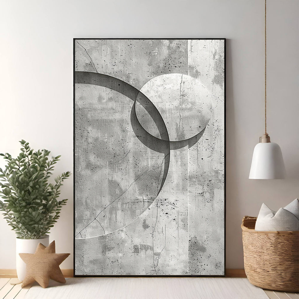 Wadi Home abstract geometric wall art with overlapping circles on textured concrete background. Monochromatic design.