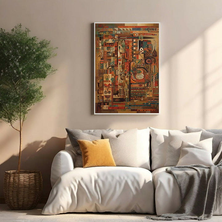 Wadi Home abstract geometric wall art with warm earth tones, deep blues, and reds. Intricate patterns and bold shapes.