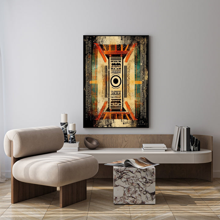Wadi Home abstract geometric wall art with earthy tones, black, and orange accents. Features symmetrical design and distressed textures.