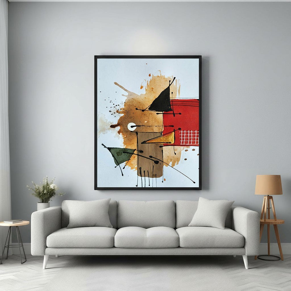 Wadi Home abstract geometric wall art with earthy tones, red, black lines, and mixed-media texture.