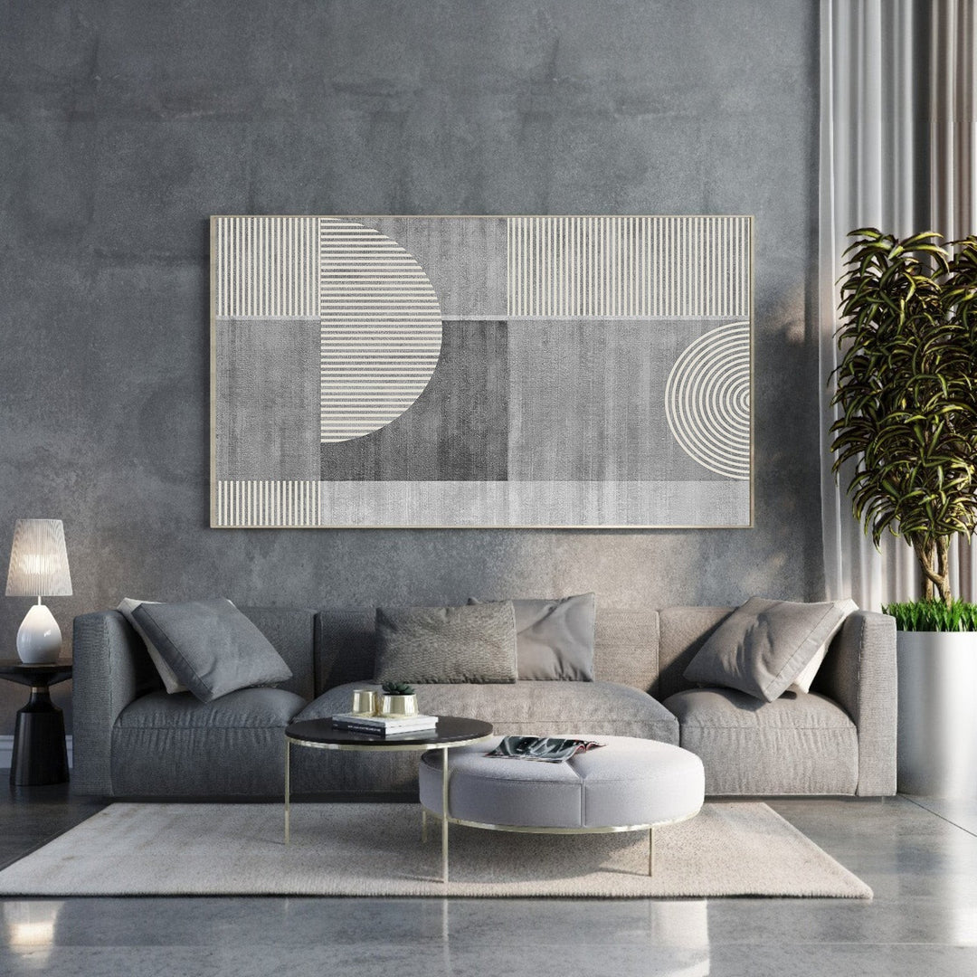 Wadi Home abstract geometric wall art in greys and whites, featuring circles and lines. Modern decor.