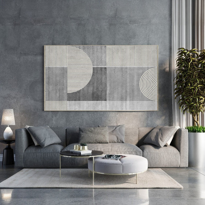Wadi Home abstract geometric wall art in greys and whites, featuring circles and lines. Modern decor.