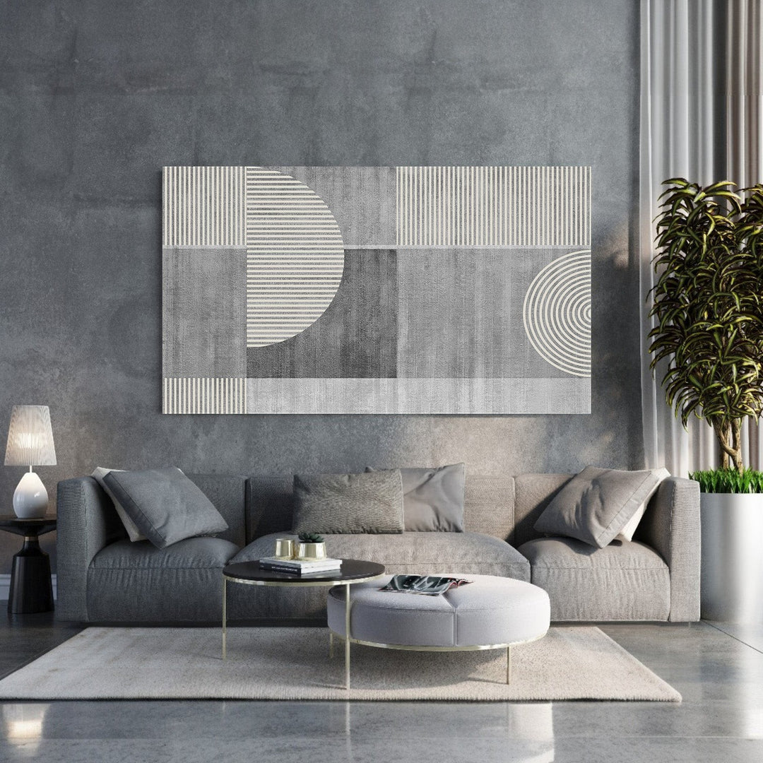 Wadi Home abstract geometric wall art in grey and white with circles and lines. Modern canvas art.