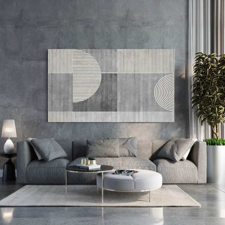 Wadi Home abstract geometric wall art in grey and white with circles and lines. Modern canvas art.