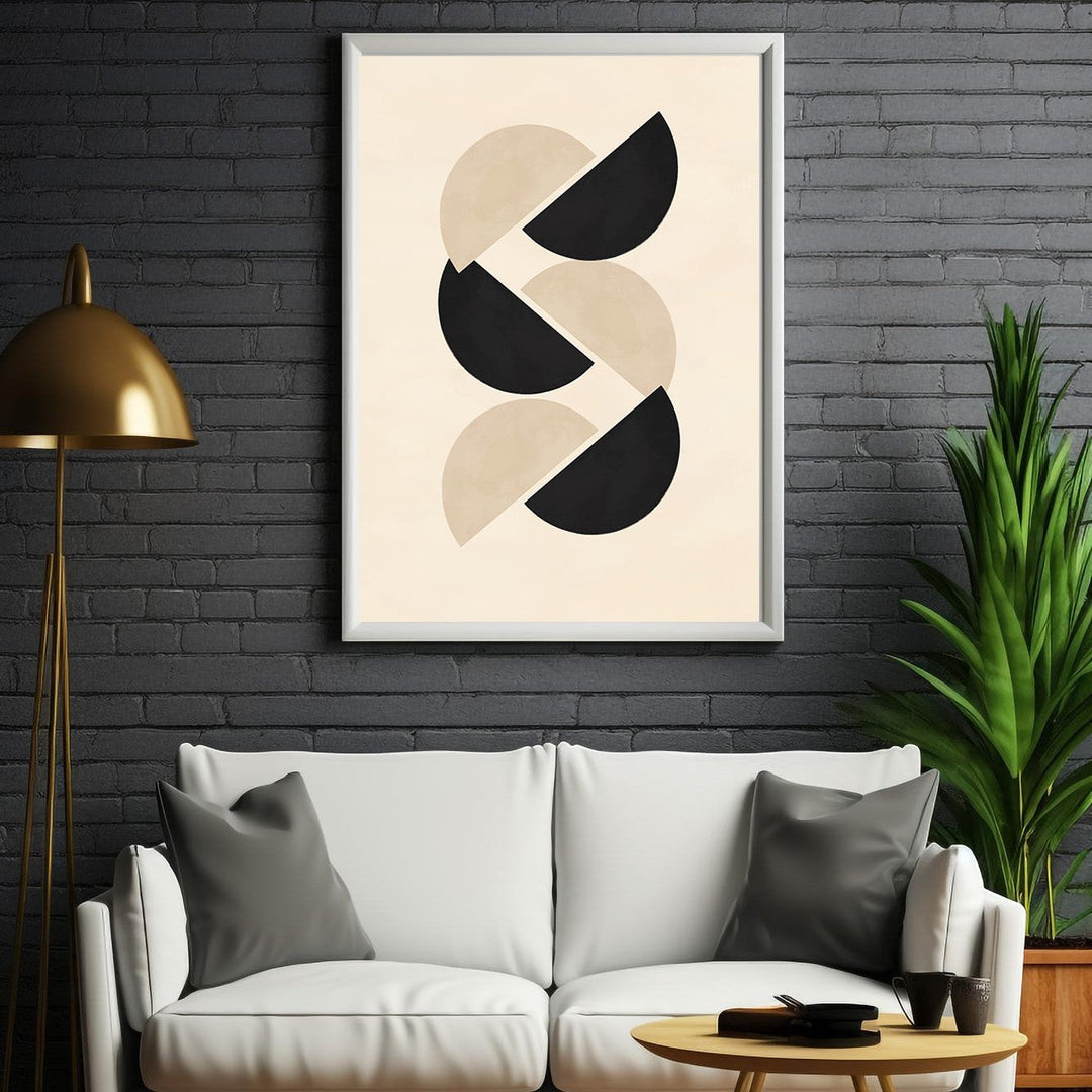 Wadi Home abstract geometric wall art with interlocking black and beige half circles.