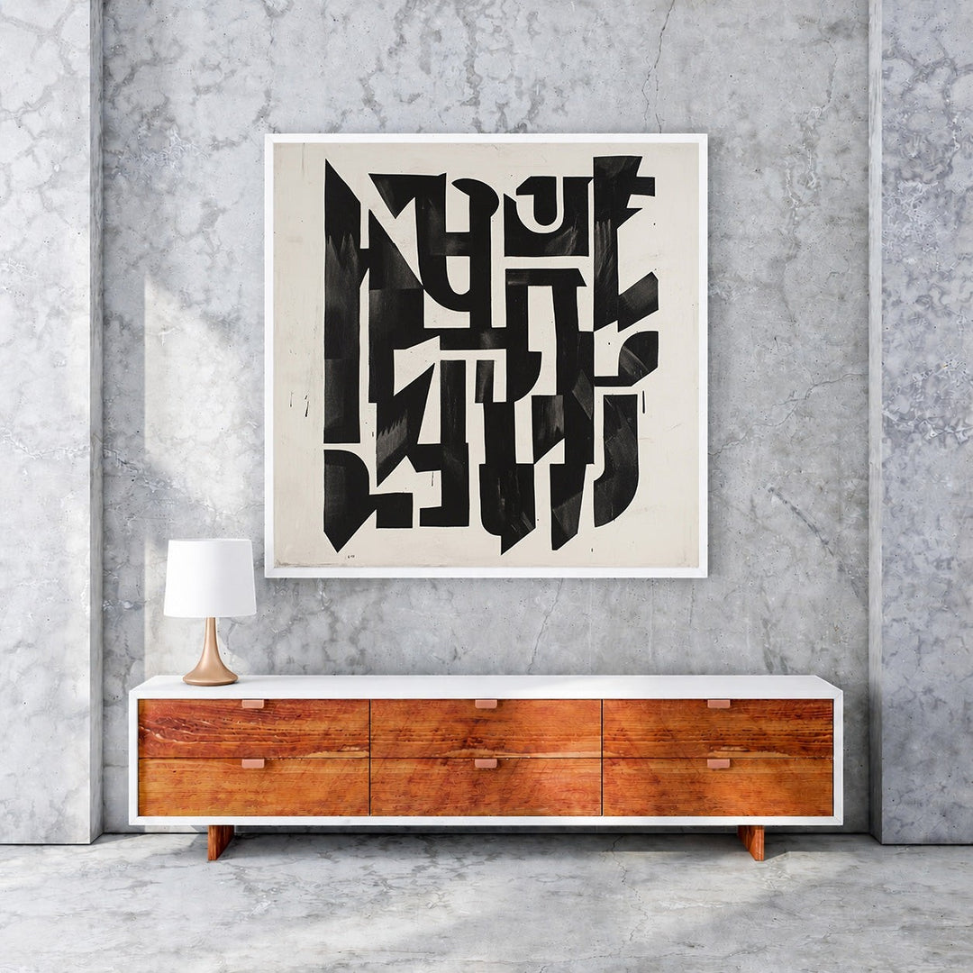 Wadi Home abstract geometric wall art in black and white with bold shapes and sharp lines.