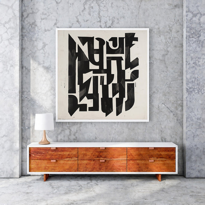 Wadi Home abstract geometric wall art in black and white with bold shapes and sharp lines.