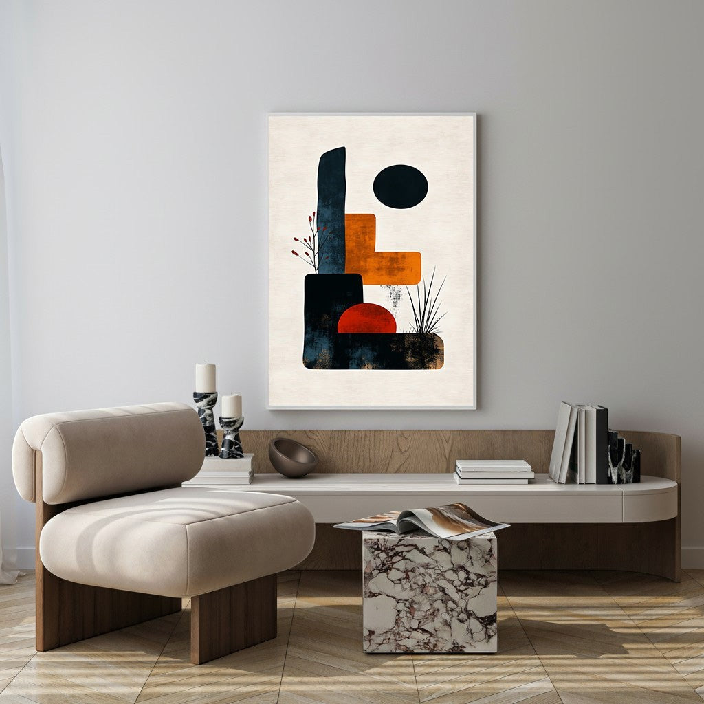 Wadi Home abstract geometric wall art with navy, burnt orange, and black shapes on textured cream background.