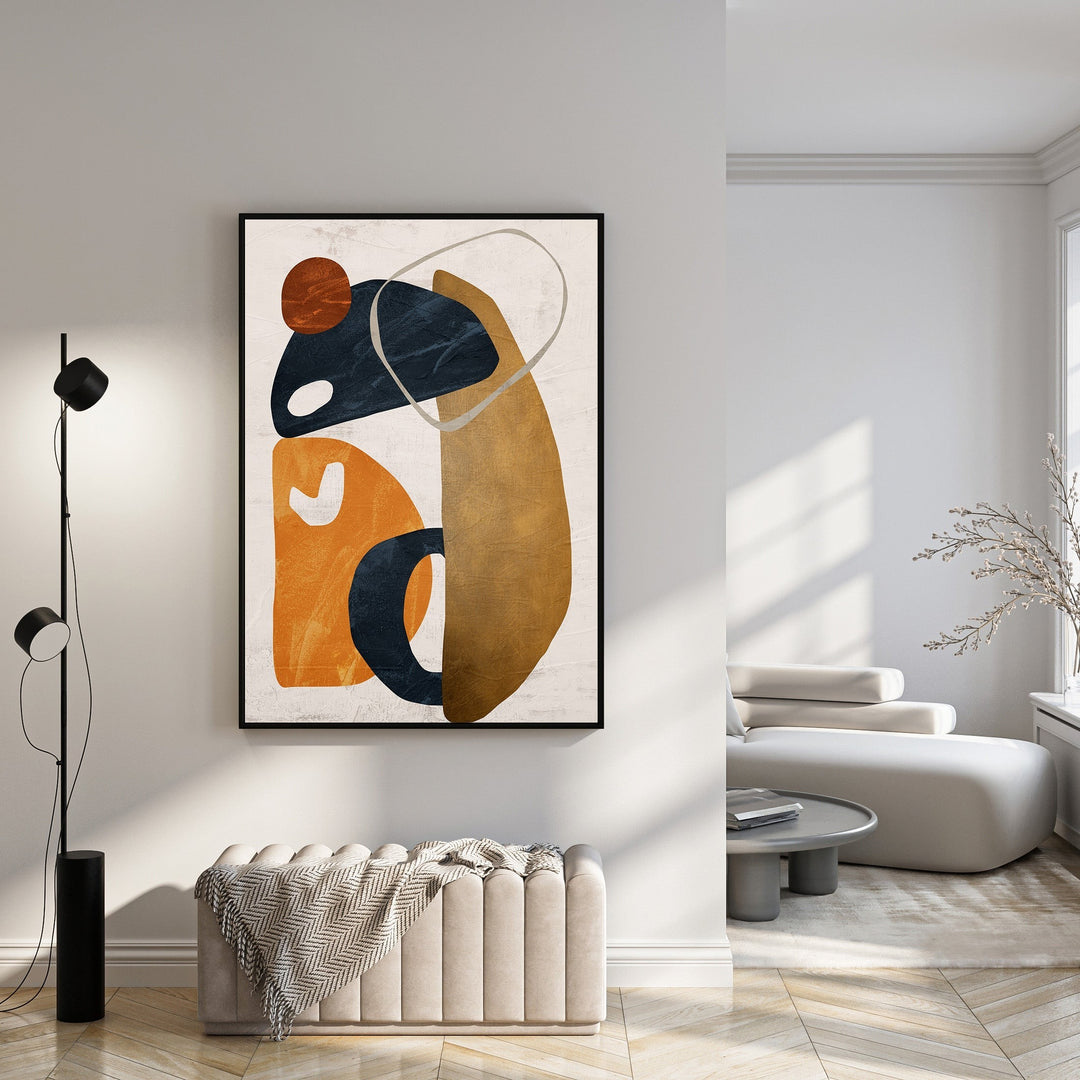 Wadi Home abstract geometric wall art with ochre, navy, and burnt orange organic shapes on textured background.