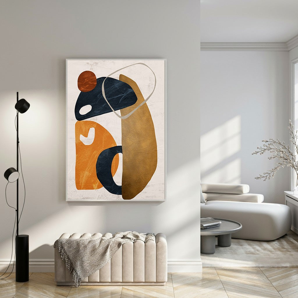 Wadi Home abstract geometric wall art with ochre, navy, and burnt orange organic shapes on textured background.