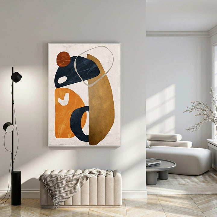 Wadi Home abstract geometric wall art with ochre, navy, and burnt orange organic shapes on textured background.