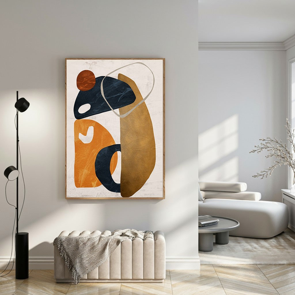 Wadi Home abstract geometric wall art with ochre, navy, and burnt orange organic shapes on textured background.