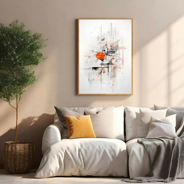 Wadi Home abstract geometric wall art with orange circle and black lines on white background, framed in wood.