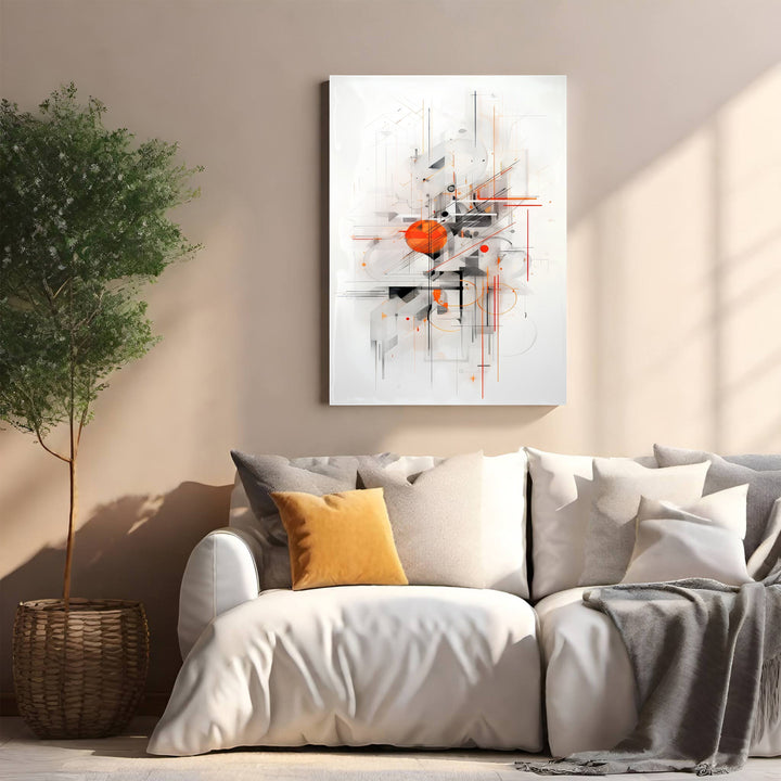 Wadi Home abstract geometric wall art with orange circle and black lines on white background.